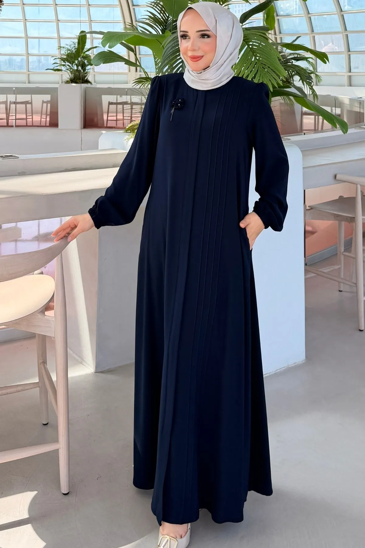 Rabia Göğüs Çiçek Broşlu Nervürlü Ferace 736 - Laci