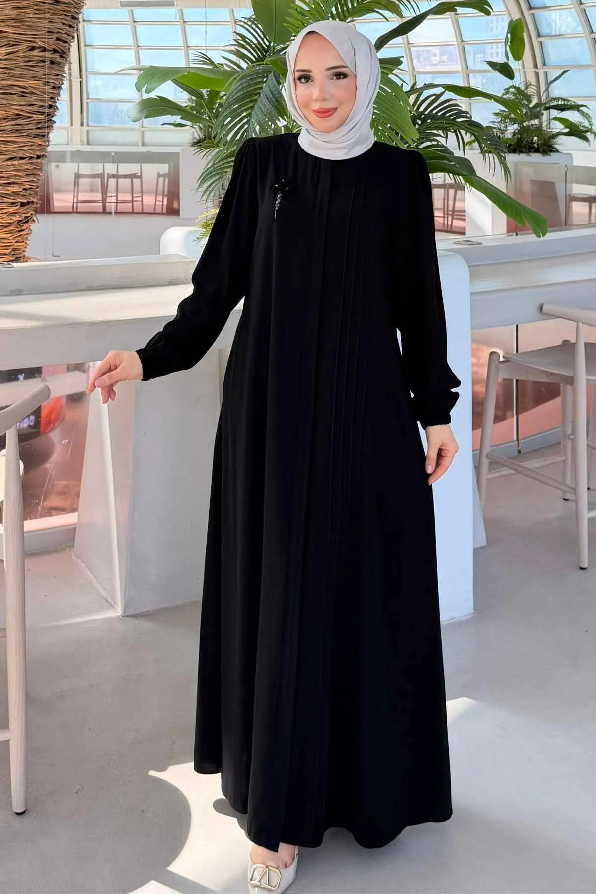 Rabia Göğüs Çiçek Broşlu Nervürlü Ferace 736 -Siyah
