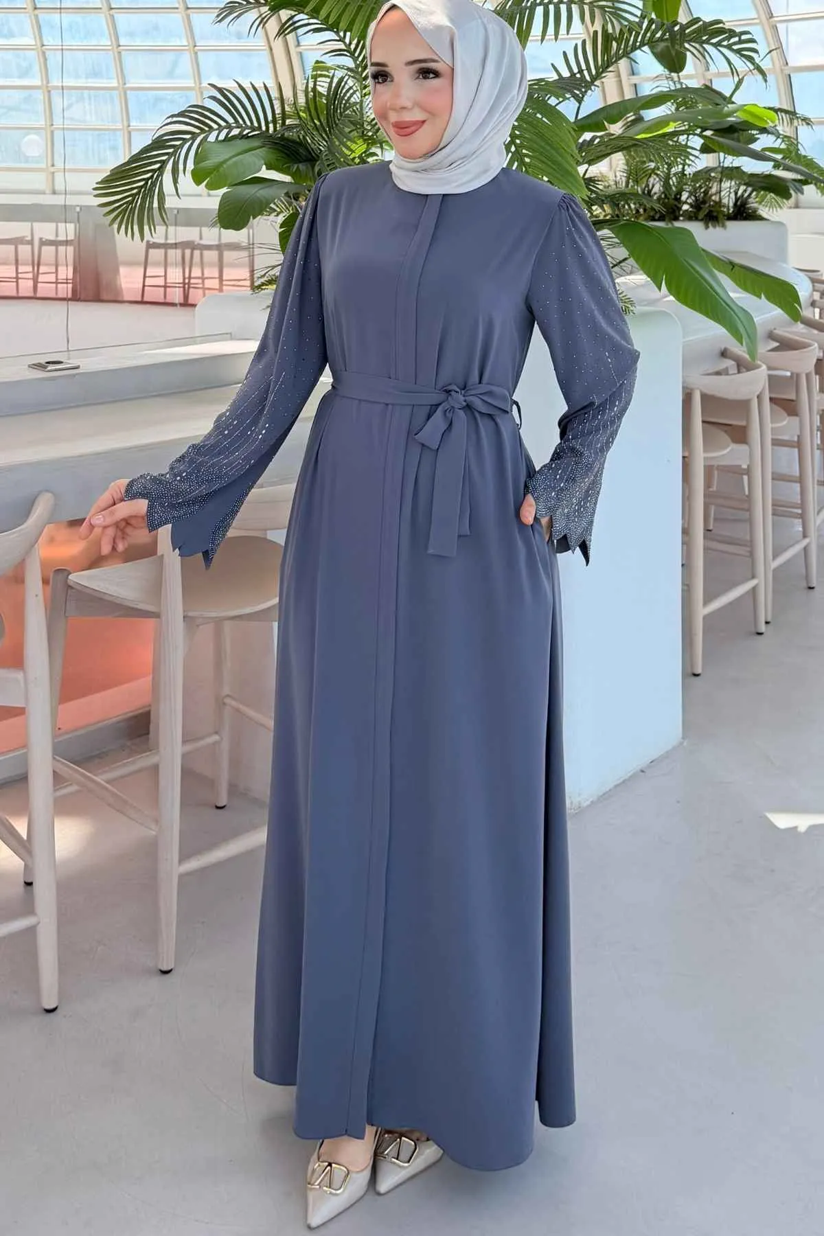 Rabia Premium Kumaş Kolu Taş İşlemeli Gri Ferace 10020