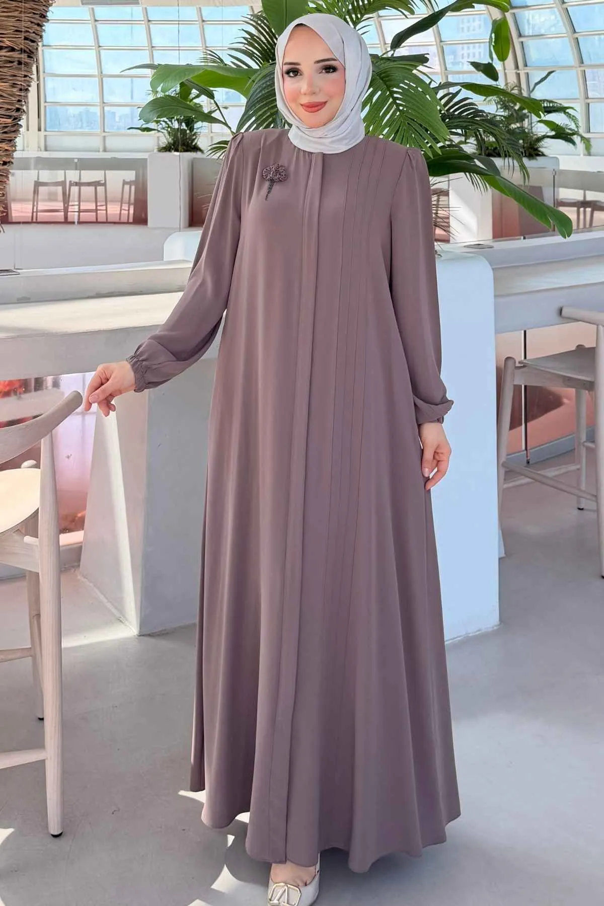 Rabia Göğüs Çiçek Broşlu Nervürlü Ferace 736 -Vizon