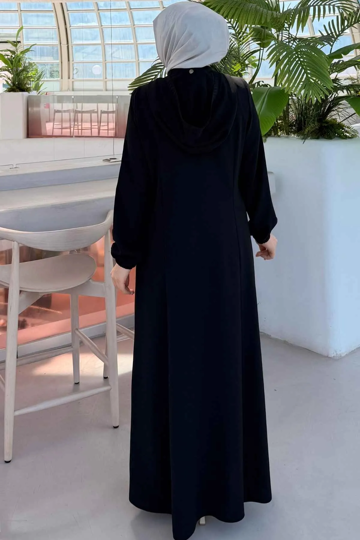 Buhara Kapüşonlu ve Fermuarlı Siyah Spor Ferace 6024