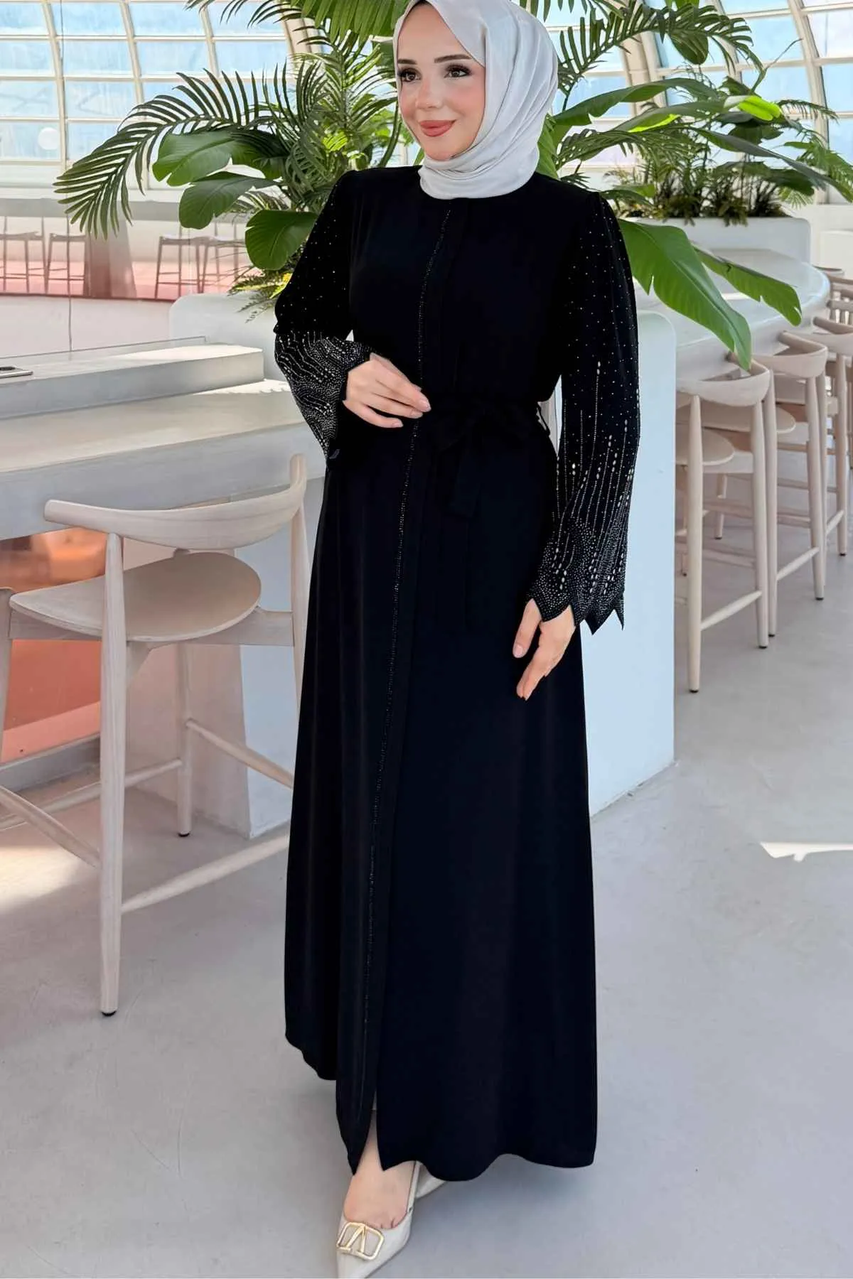 Rabia Premium Kumaş Kolu Taş İşlemeli Siyah Ferace 10020