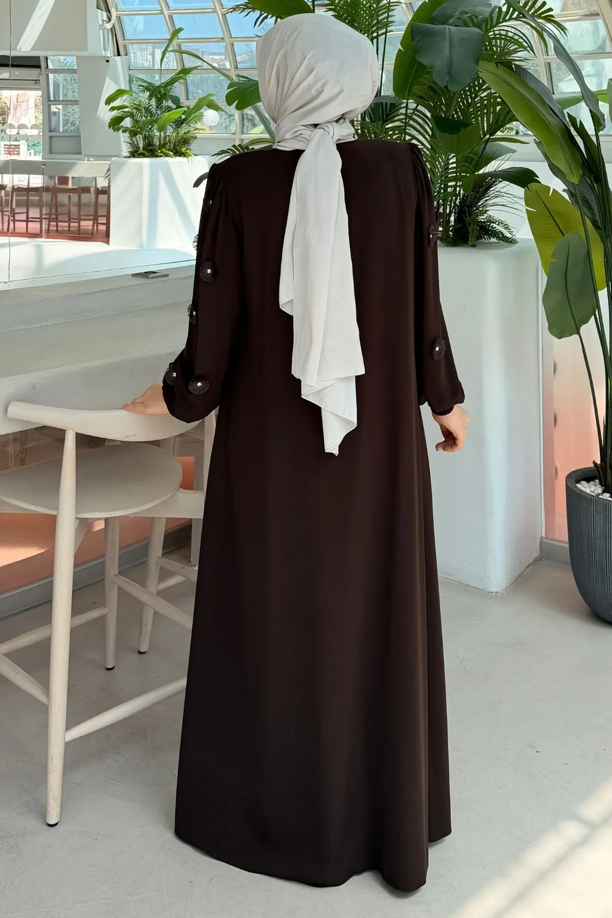 Rabia Çiçek Detaylı Kahverengi Ferace 697