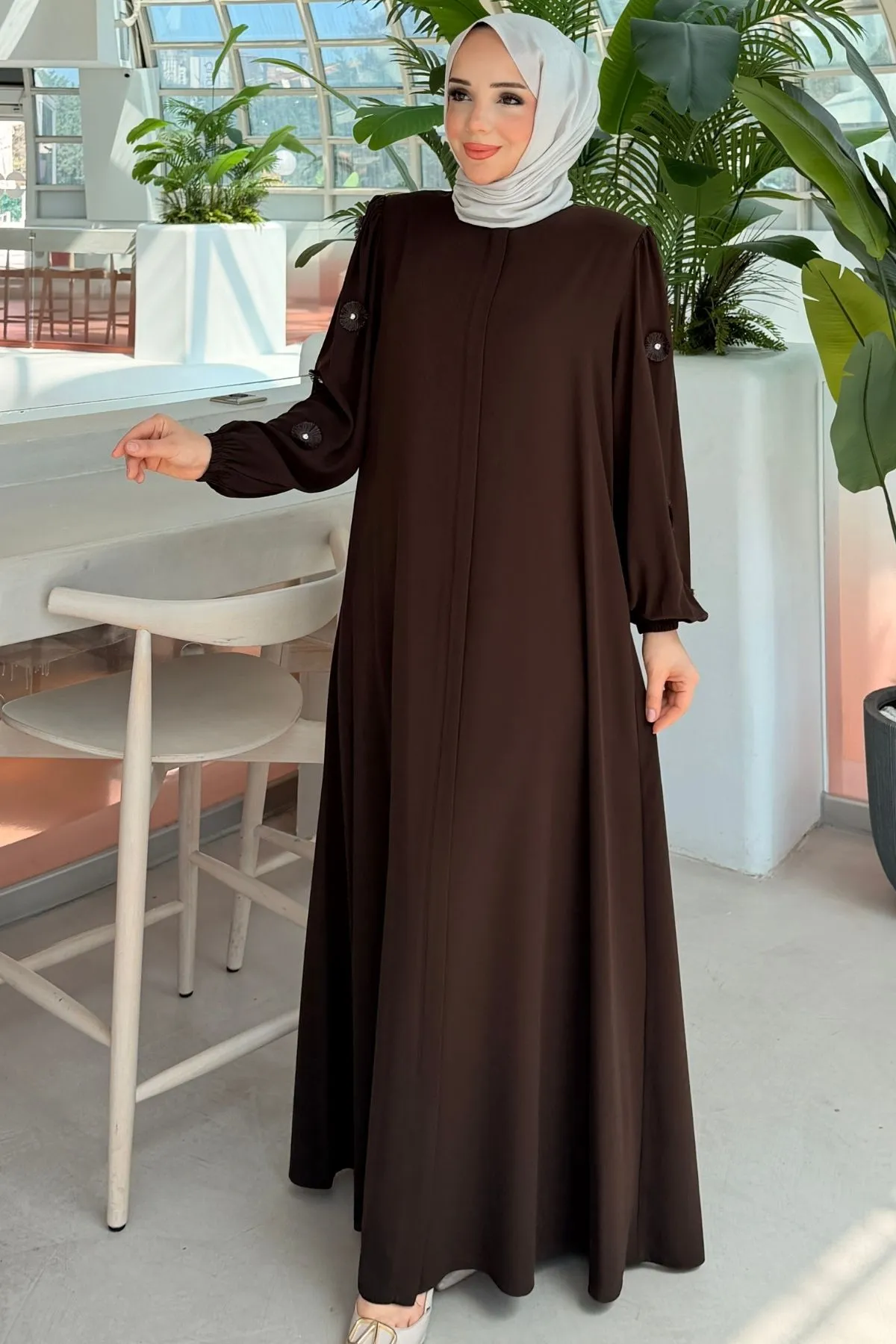 Rabia Çiçek Detaylı Kahverengi Ferace 697