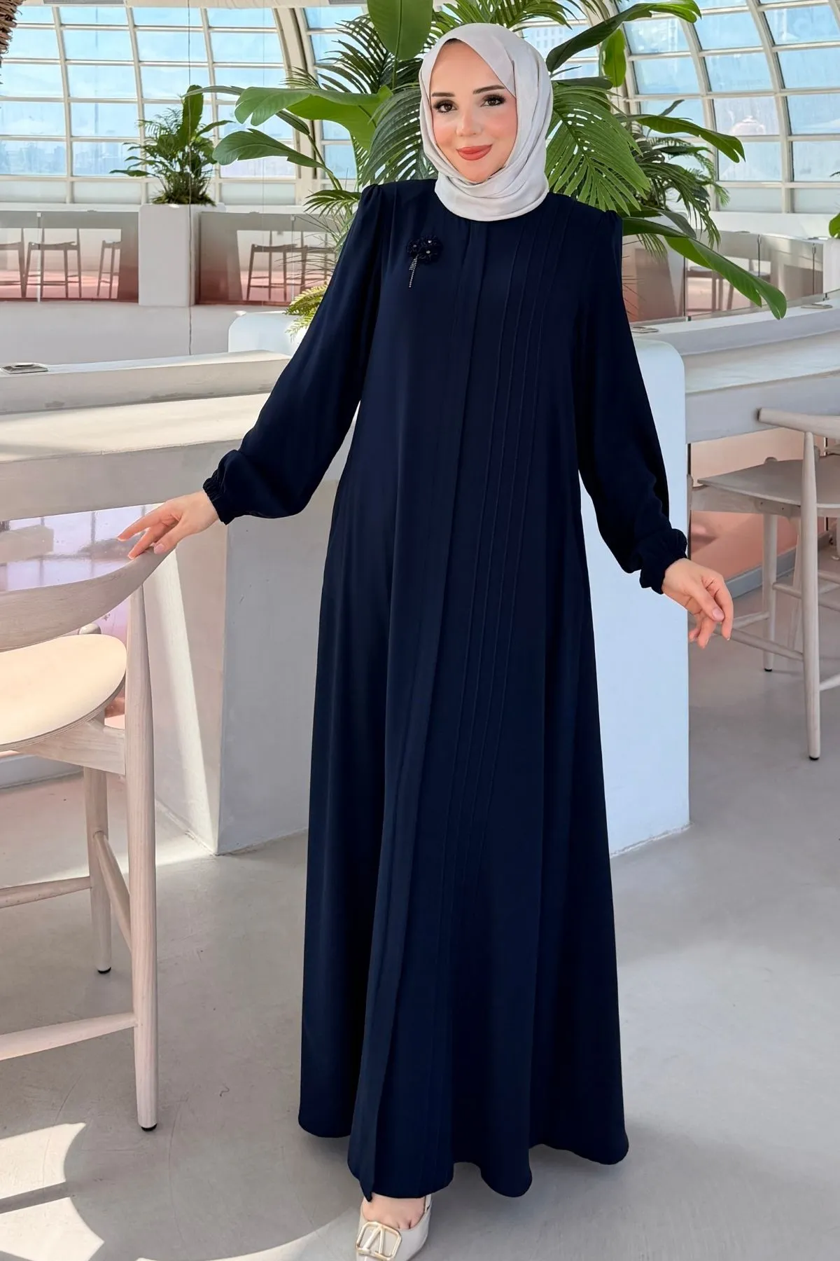 Rabia Göğüs Çiçek Broşlu Nervürlü Ferace 736 - Laci