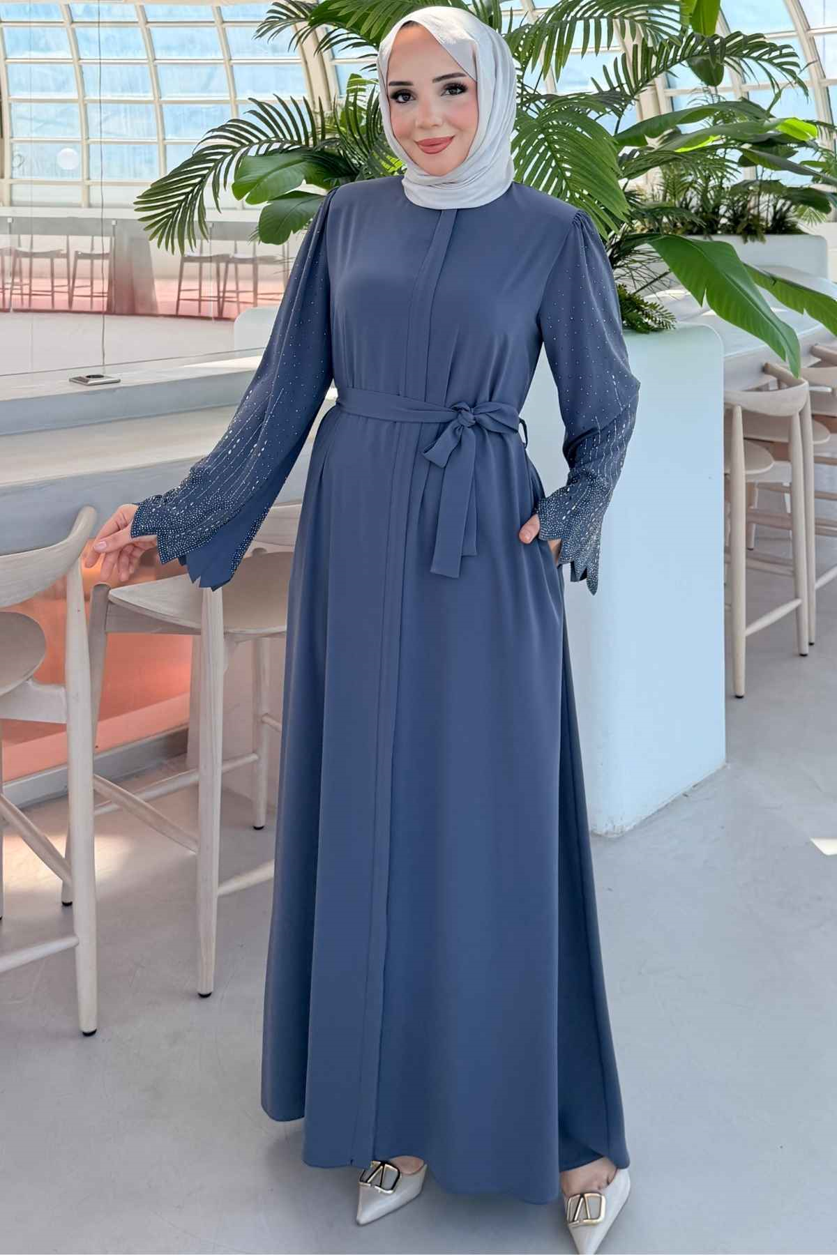 Rabia Premium Kumaş Kolu Taş İşlemeli Gri Ferace 10020 - kopya