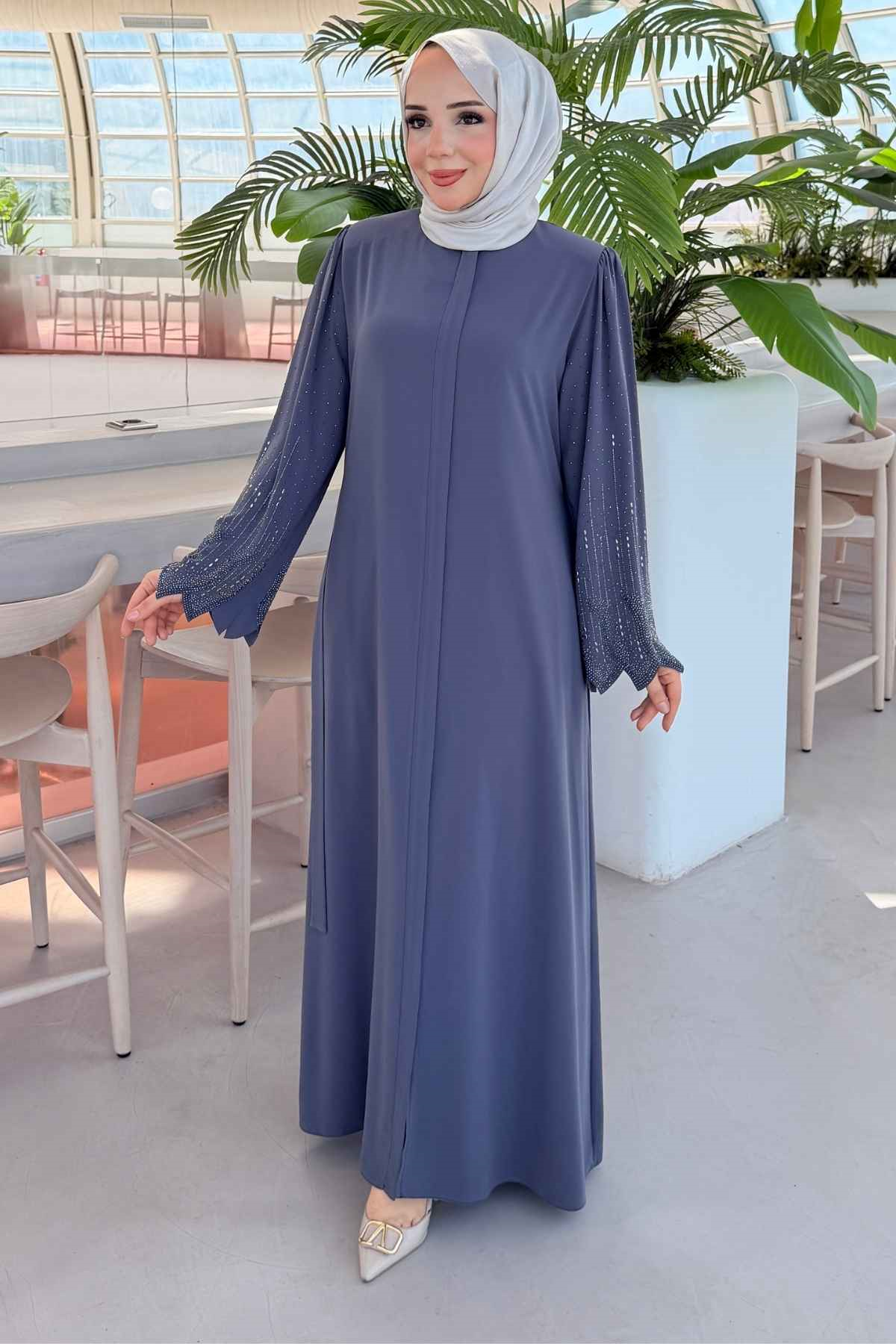 Rabia Premium Kumaş Kolu Taş İşlemeli Gri Ferace 10020 - kopya
