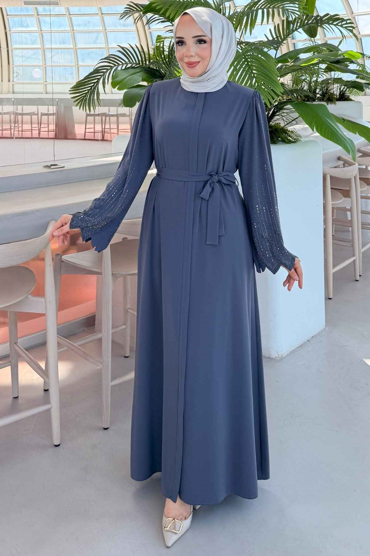 Rabia Premium Kumaş Kolu Taş İşlemeli Gri Ferace 10020 - kopya