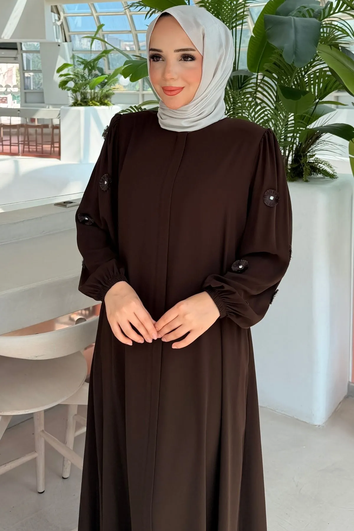 Rabia Çiçek Detaylı Kahverengi Ferace 697