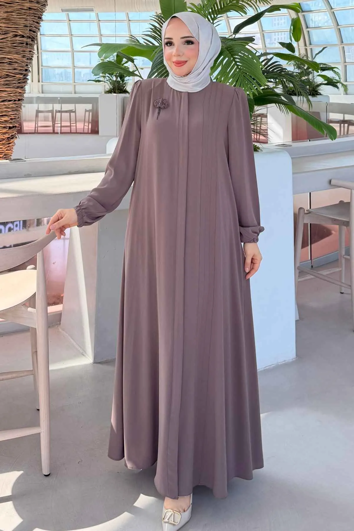 Rabia Göğüs Çiçek Broşlu Nervürlü Ferace 736 -Vizon