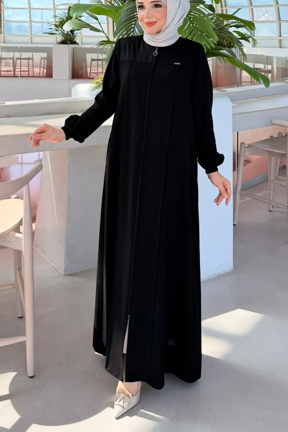 Robası Desen Dokulu Fermuarlı Ferace -Siyah 604 