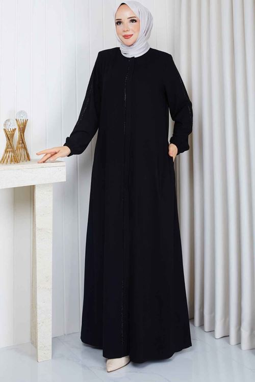 Leopar Şerit Detaylı Fermuarlı Ferace 1096 – Siyah