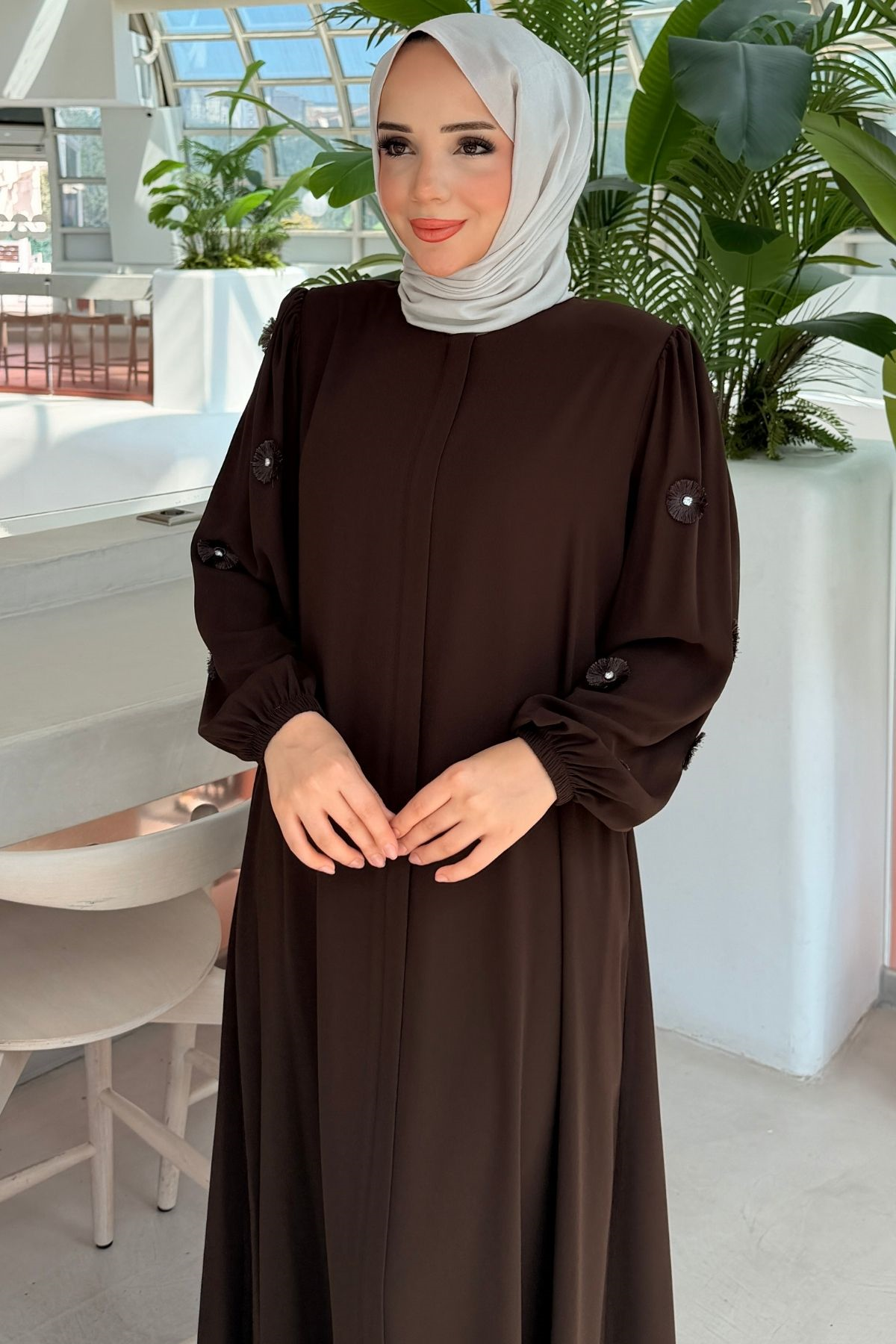 Rabia Çiçek Detaylı Kahverengi Ferace 697
