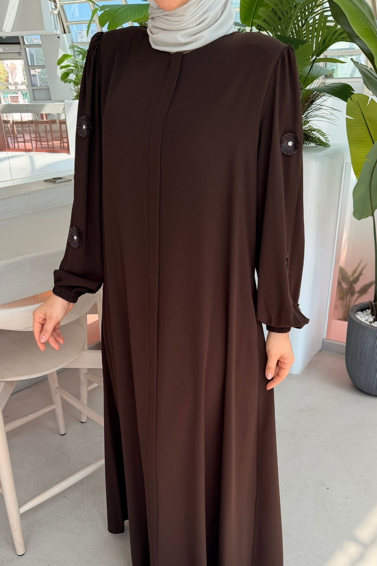Rabia Çiçek Detaylı Kahverengi Ferace 697